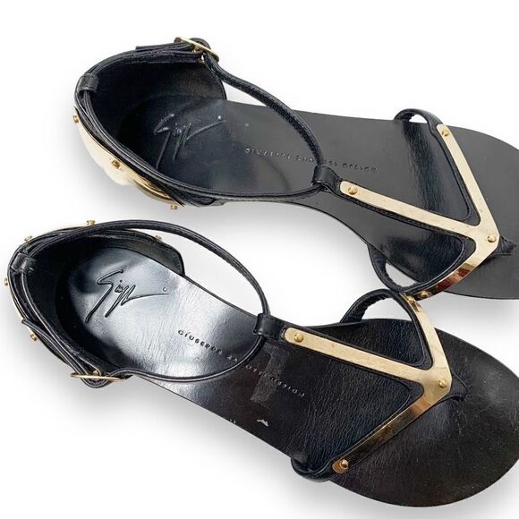 Giuseppe Zanotti Italian Black Leather Gold Metal Women’s Sandals Sz 38 (7.5 US) - Picture 3 of 8